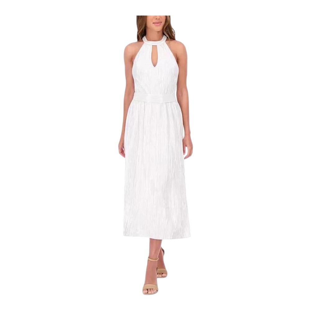 Kensie Women Metallic Pleated Keyhole Cutout‎ Midi Dress Silver Size 14